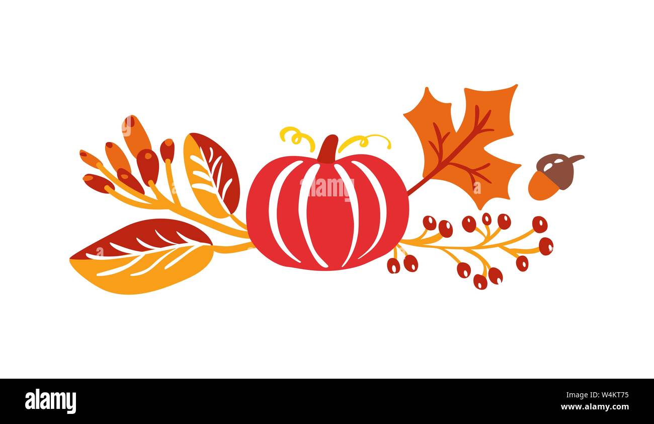 Vector autumn bouquet elements. maple orange leaves, berries and pumpkin isolated on white background. Perfect for seasonal holidays, Thanksgiving Day Stock Vector