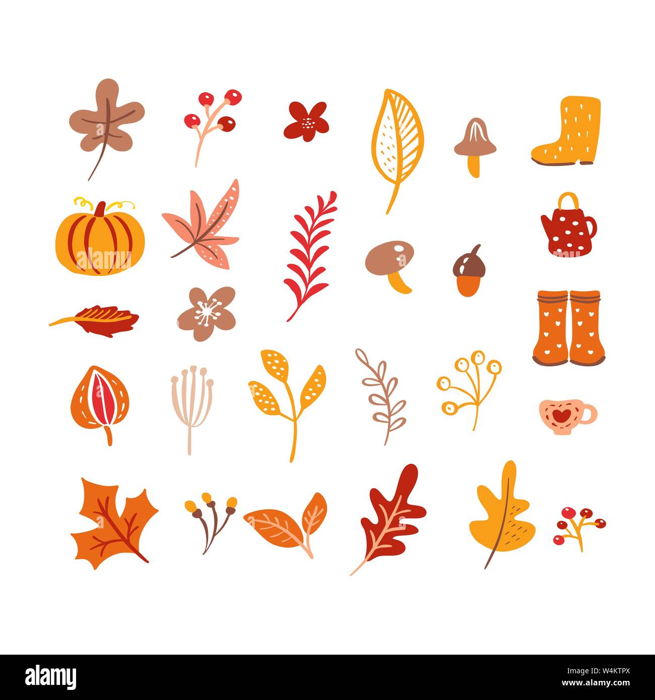 Vector autumn elements. Mushroom, acorn, maple leaves and pumpkin isolated on white background. Perfect for seasonal holidays, Thanksgiving Day Stock Vector