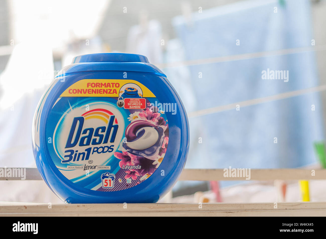 Carrara, Italy - July 23, 2019 - Savings pack for Dash washing machine  capsules, produced by the multinational Procter and Gamble on a windows  with cl Stock Photo - Alamy
