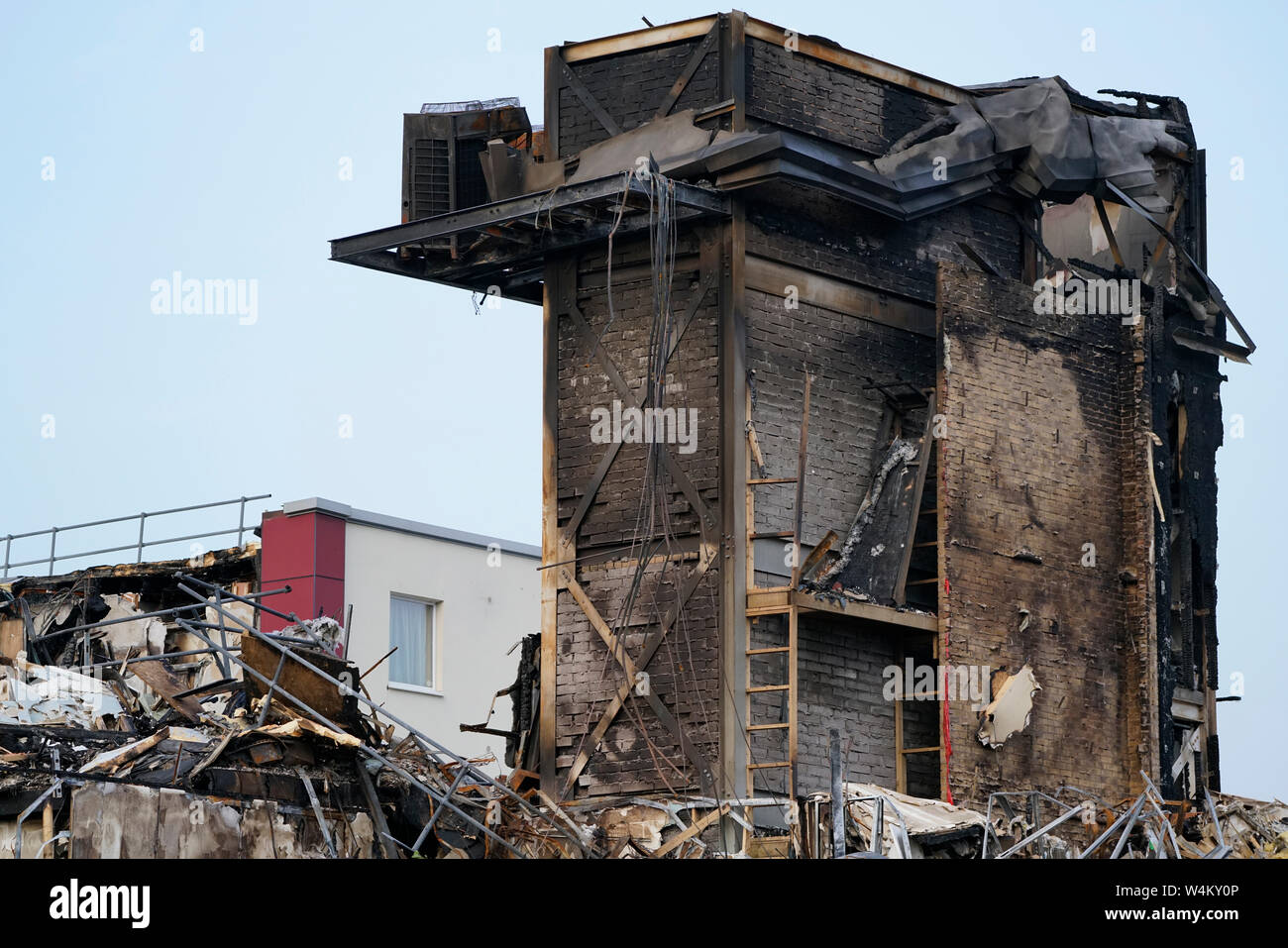 The burnt out remains of the Premier Inn alongside the A4018 close to