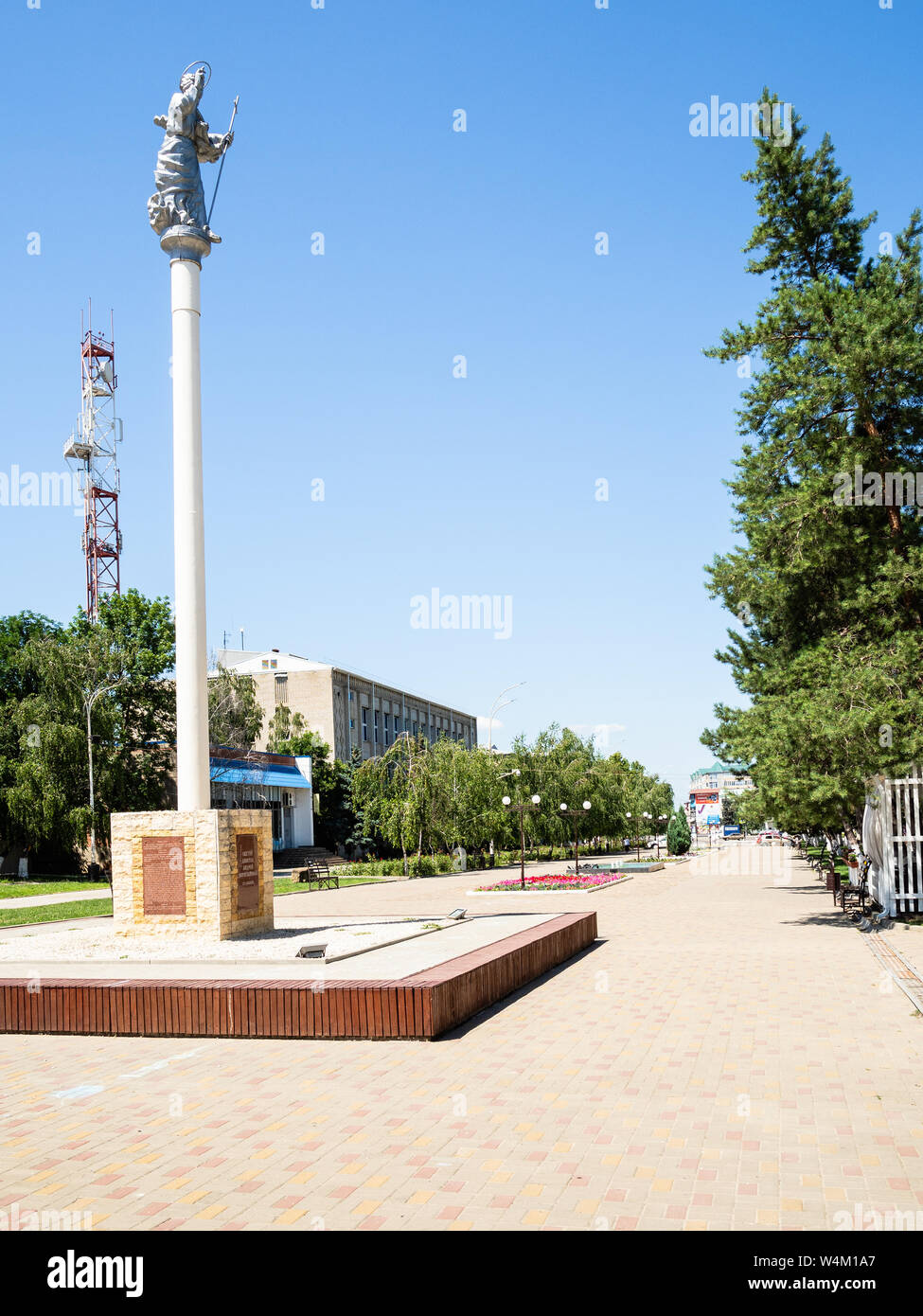 ABINSK, RUSSIA - JULY 2, 2019: Monument to First-Called Andrew the Apostle on Komsomolskaya street in Abinsk. Abinsk is town and administrative center Stock Photo