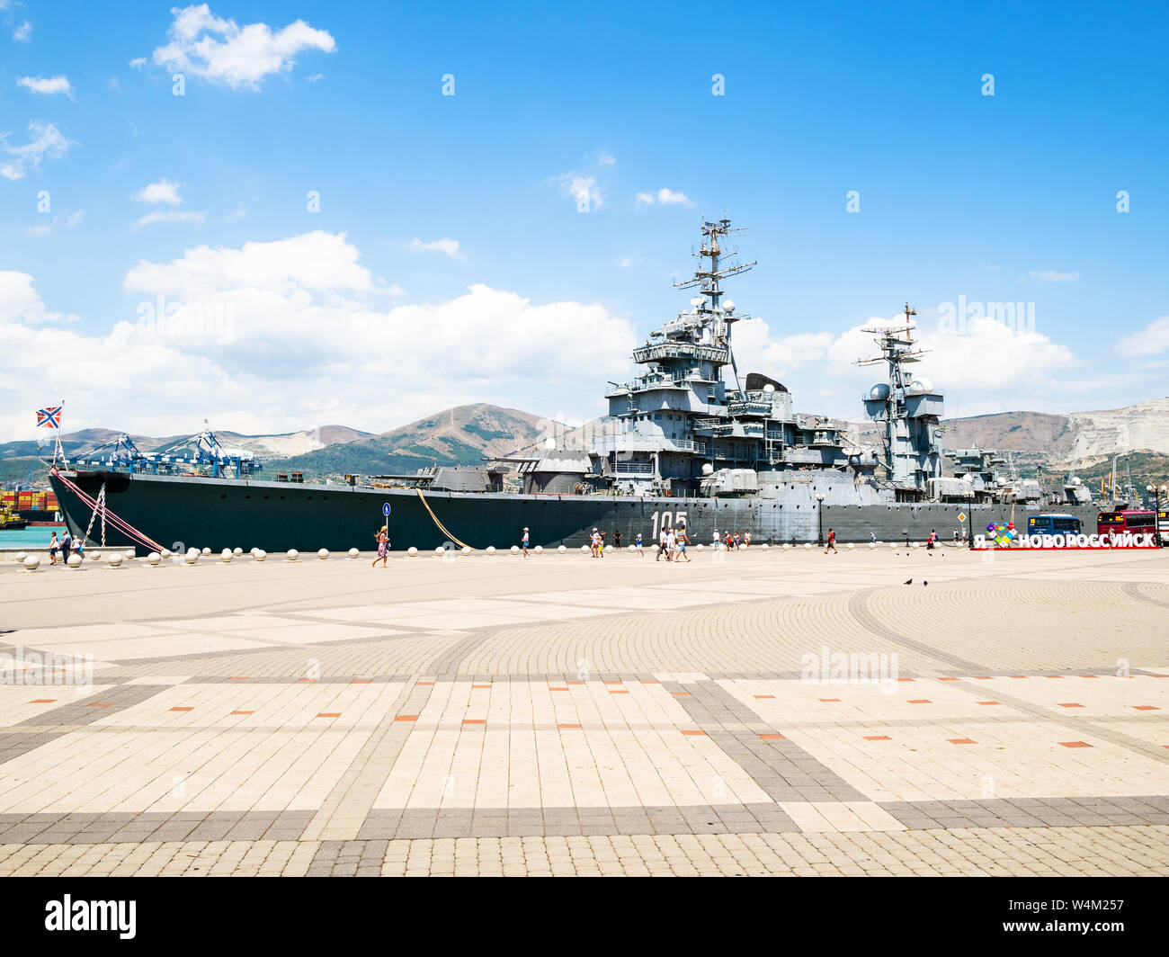 NOVOROSSIYSK, RUSSIA - JULY 7, 2019: visitors go to memorial ship cruiser Mikhail Kutuzov in Novorossiysk. Novorossiysk is city in Krasnodar Krai, Rus Stock Photo