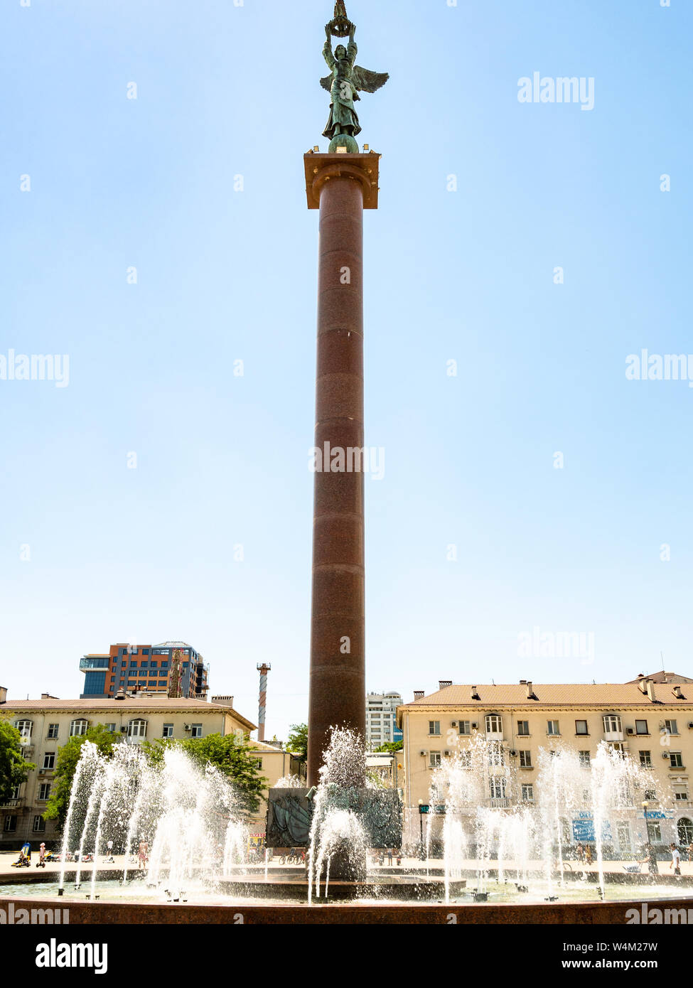 NOVOROSSIYSK, RUSSIA - JULY 7, 2019: fountain Stele of Sea Glory of Russia on Forum Square on Admiral Serebryakov Embankment in Novorossiysk. Novoross Stock Photo