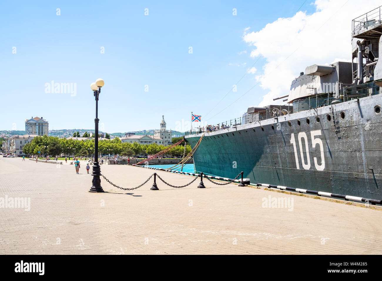 NOVOROSSIYSK, RUSSIA - JULY 7, 2019: visitors on excursion at memorial ship cruiser Mikhail Kutuzov in Novorossiysk. Novorossiysk is city in Krasnodar Stock Photo