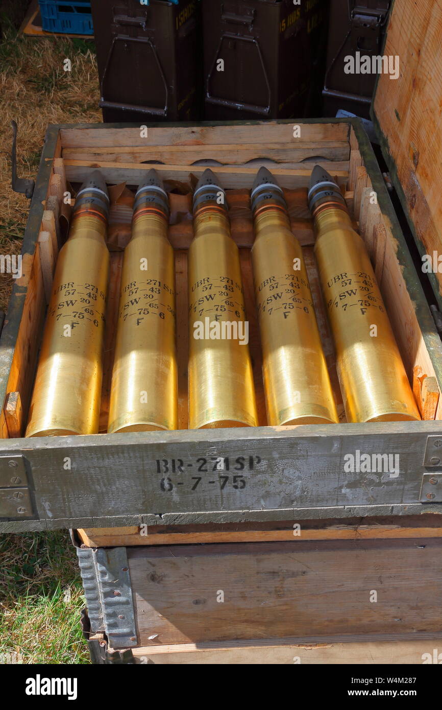 A brand new box of five 57 mm Armour Piercing Incendiary Tracer  Tank ammunition boxed ready for transport in as new condition only rendered inert. Stock Photo