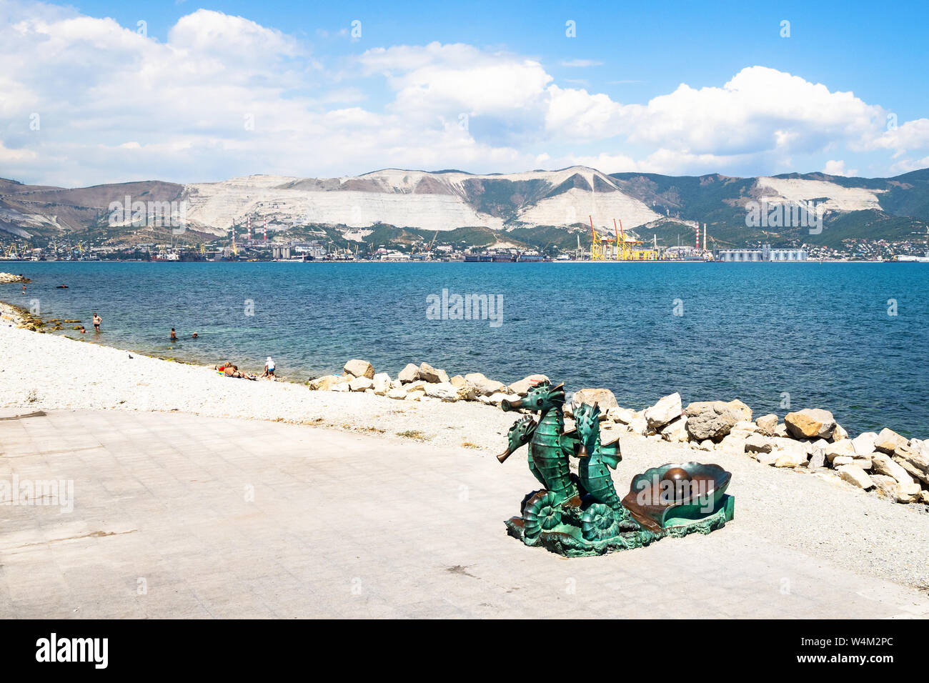 NOVOROSSIYSK, RUSSIA - JULY 7, 2019: Sculpture Seahorses with pearl on Admiral Serebryakov Embankment of Tsemes bay. Novorossiysk is city in Krasnodar Stock Photo