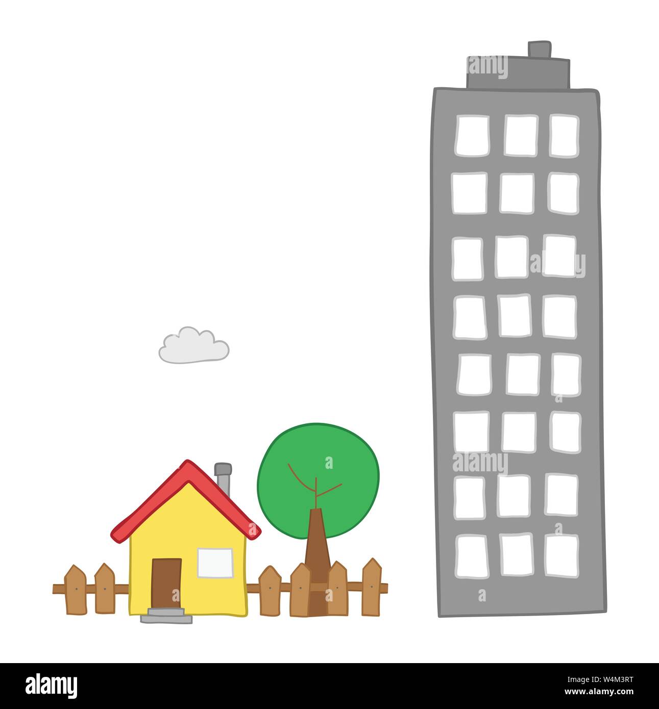 Vector hand-drawn illustration of detached house with garden, tree and ...