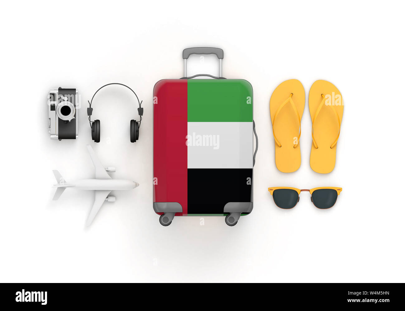 UAE flag suitcase and travel accessories lay flat. 3D Render Stock