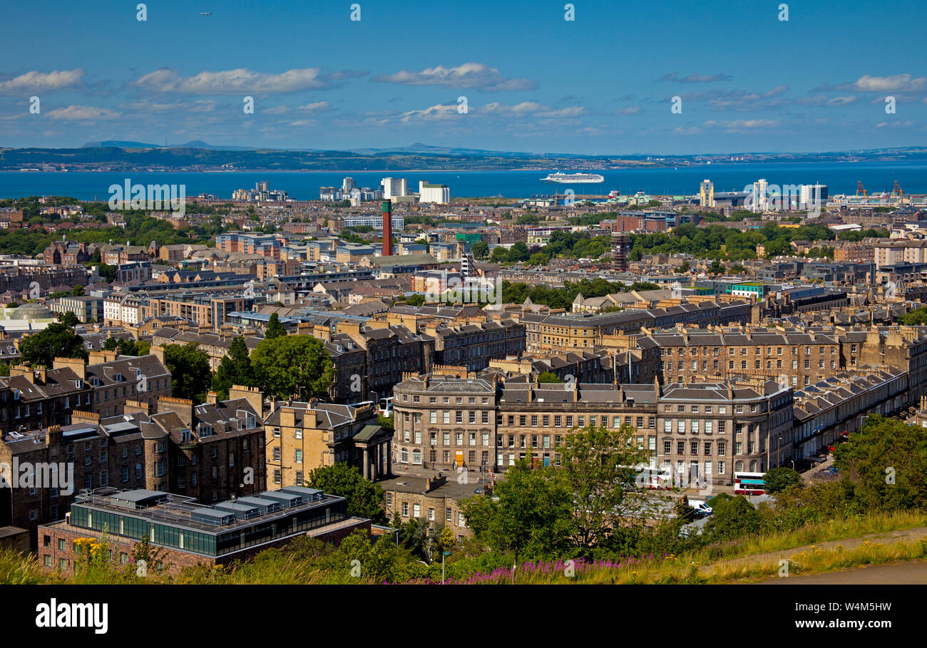 Edinburgh, Scotland, UK, looking north from Calton Hill towards Leith and over the Firth of Forth to the coast of Fife Stock Photo