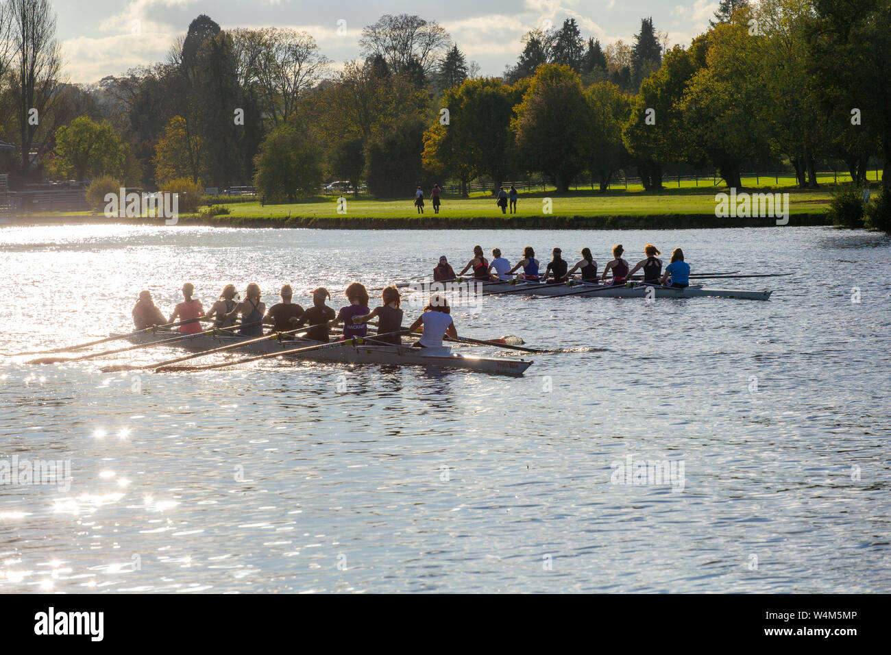 Female rowing teams training on the River Thames at Henley-On-Thames Stock Photo