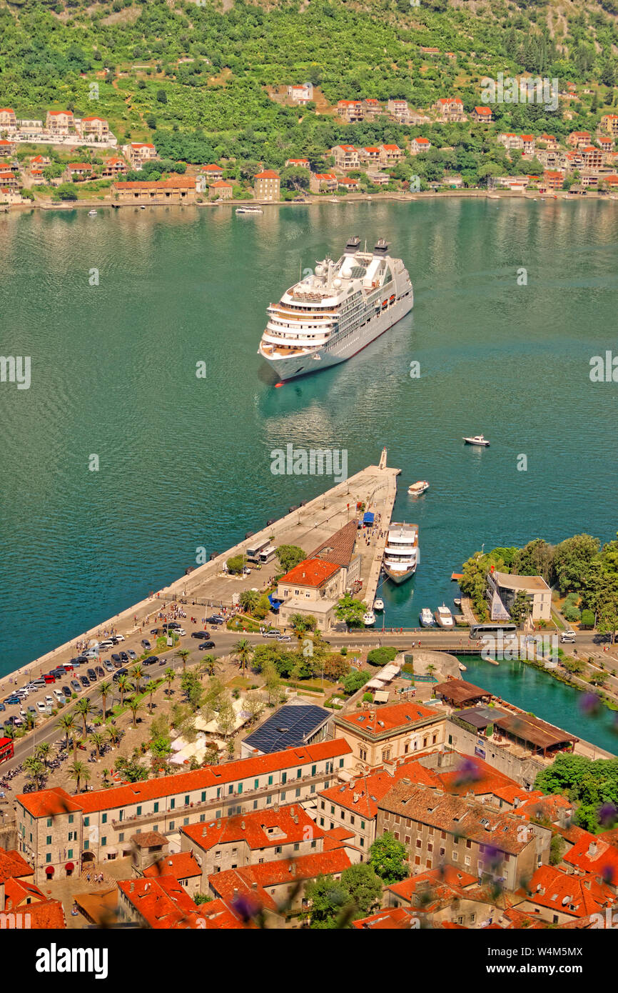 Cruise ship 'Seabourn Odyssey' approaching dock at Kotor, Montenegro