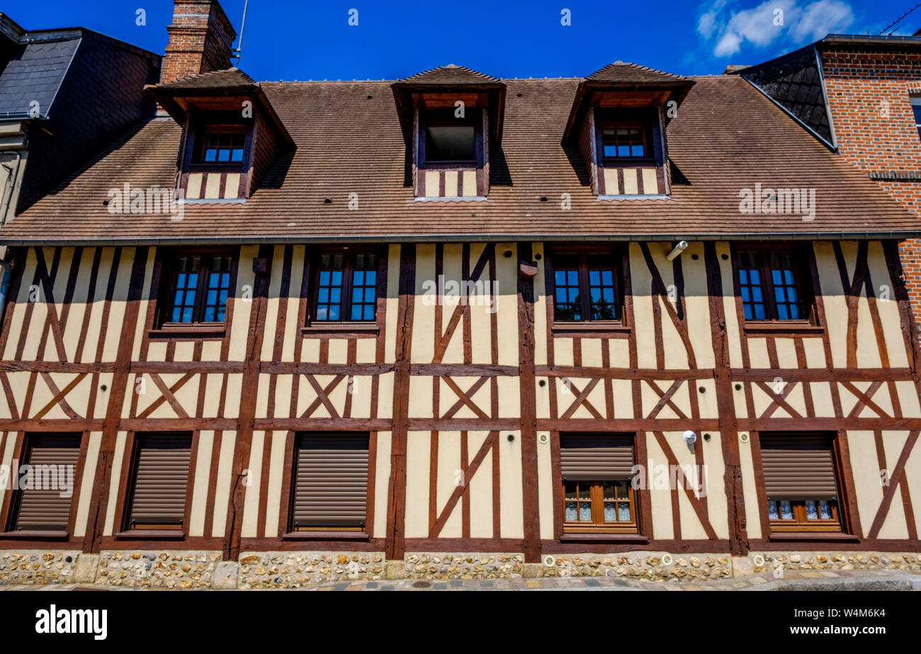 Street scene in the town of Bernay, Normandy, France featuring typical ...