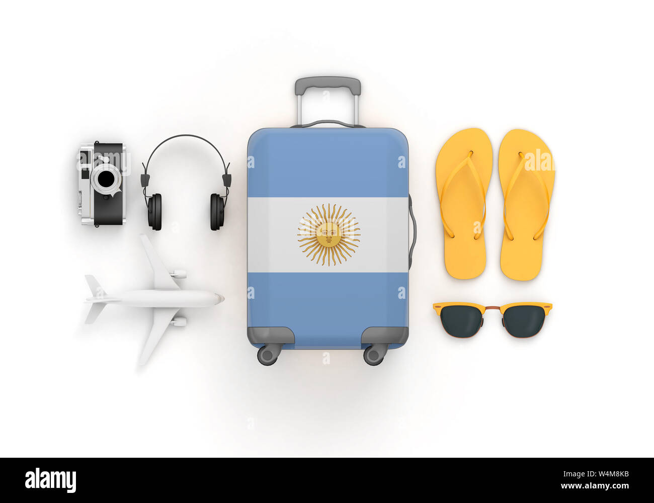 Argentina flag suitcase and travel accessories lay flat. 3D Render ...