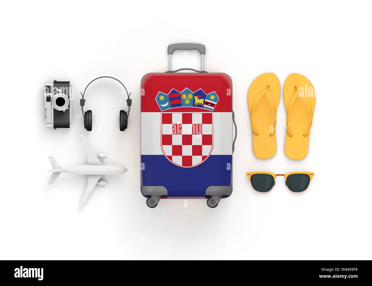 Croatia flag suitcase and travel accessories lay flat. 3D Render Stock Photo