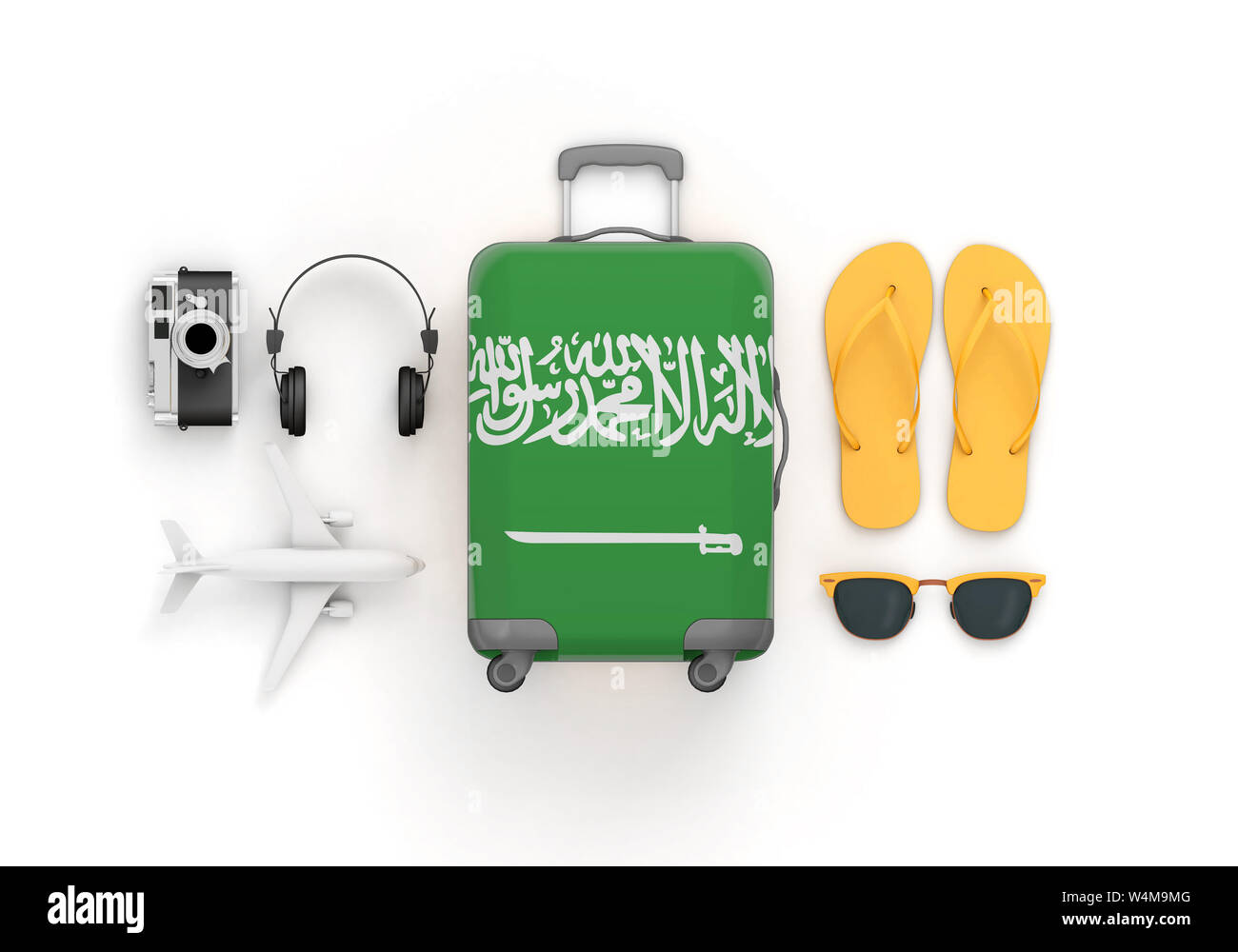 Saudi Arabia flag suitcase and travel accessories lay flat. 3D Render Stock Photo Alamy