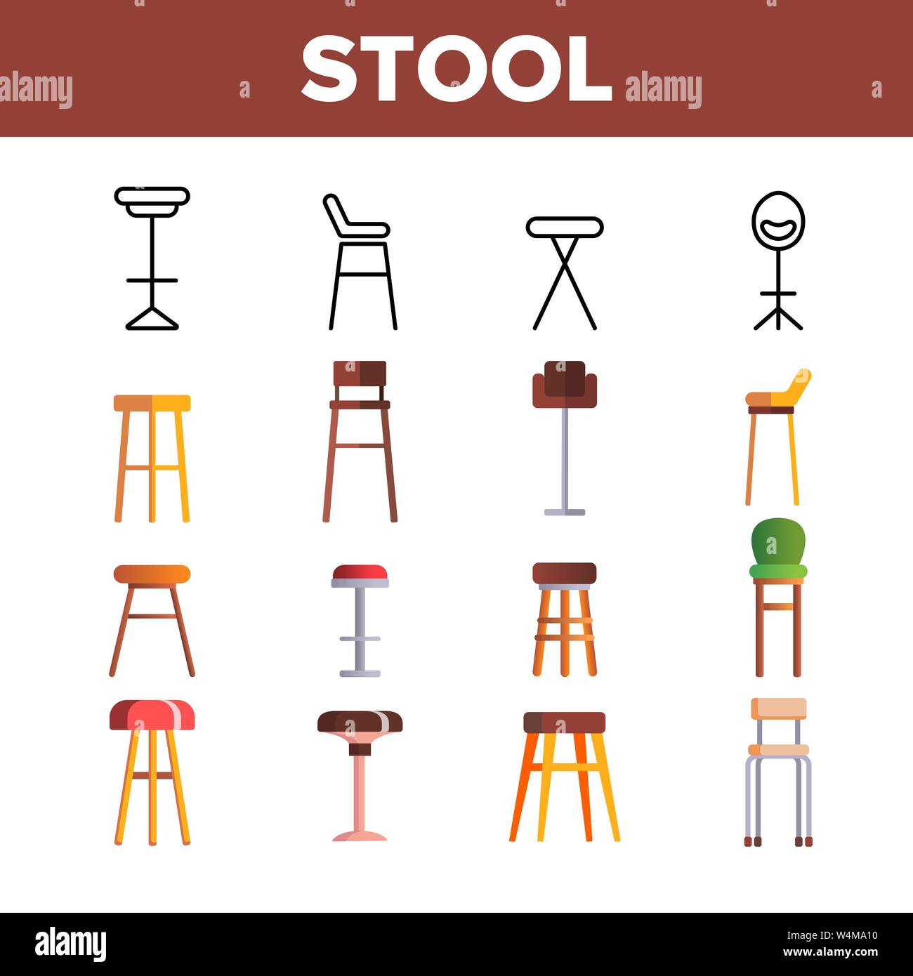 Stool, Sitting Furniture Vector Linear Icons Set Stock Vector Image ...