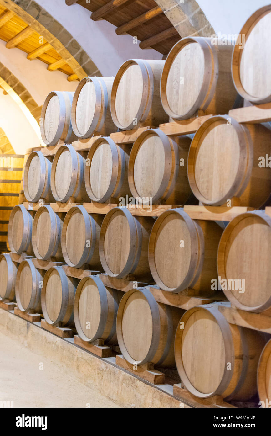 Vintage wine cellar with old oak barrels, production of fortified dry