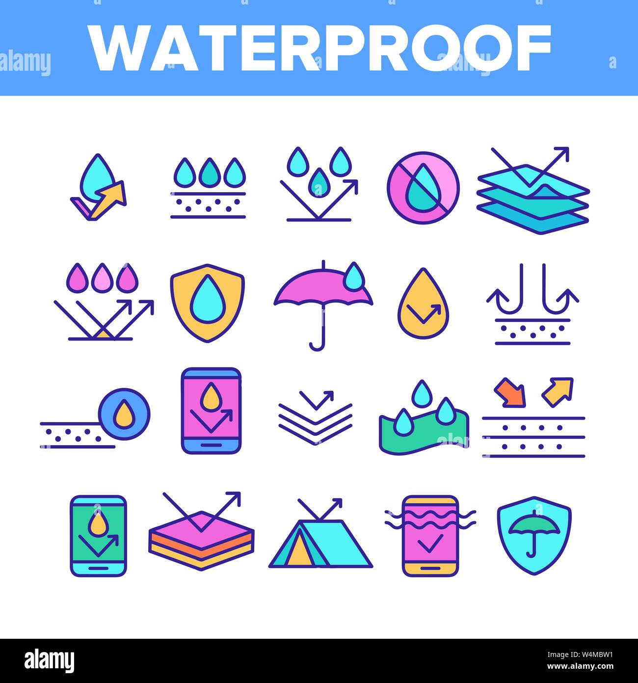 Color Waterproof, Water Resistant Materials Vector Linear Icons 