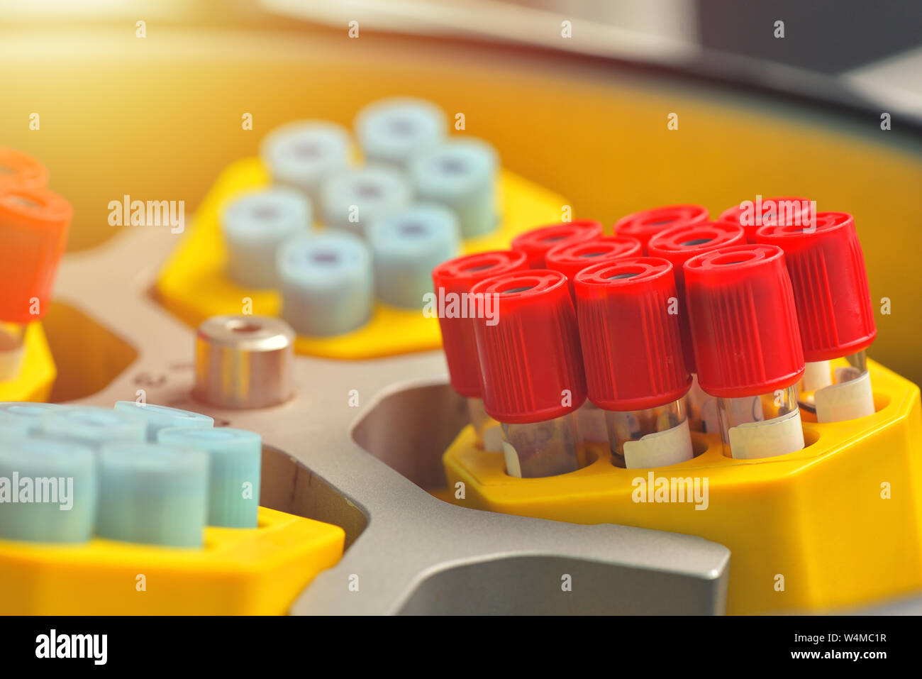 Tubes of blood sample for testing in a spin. Medical equipment Stock