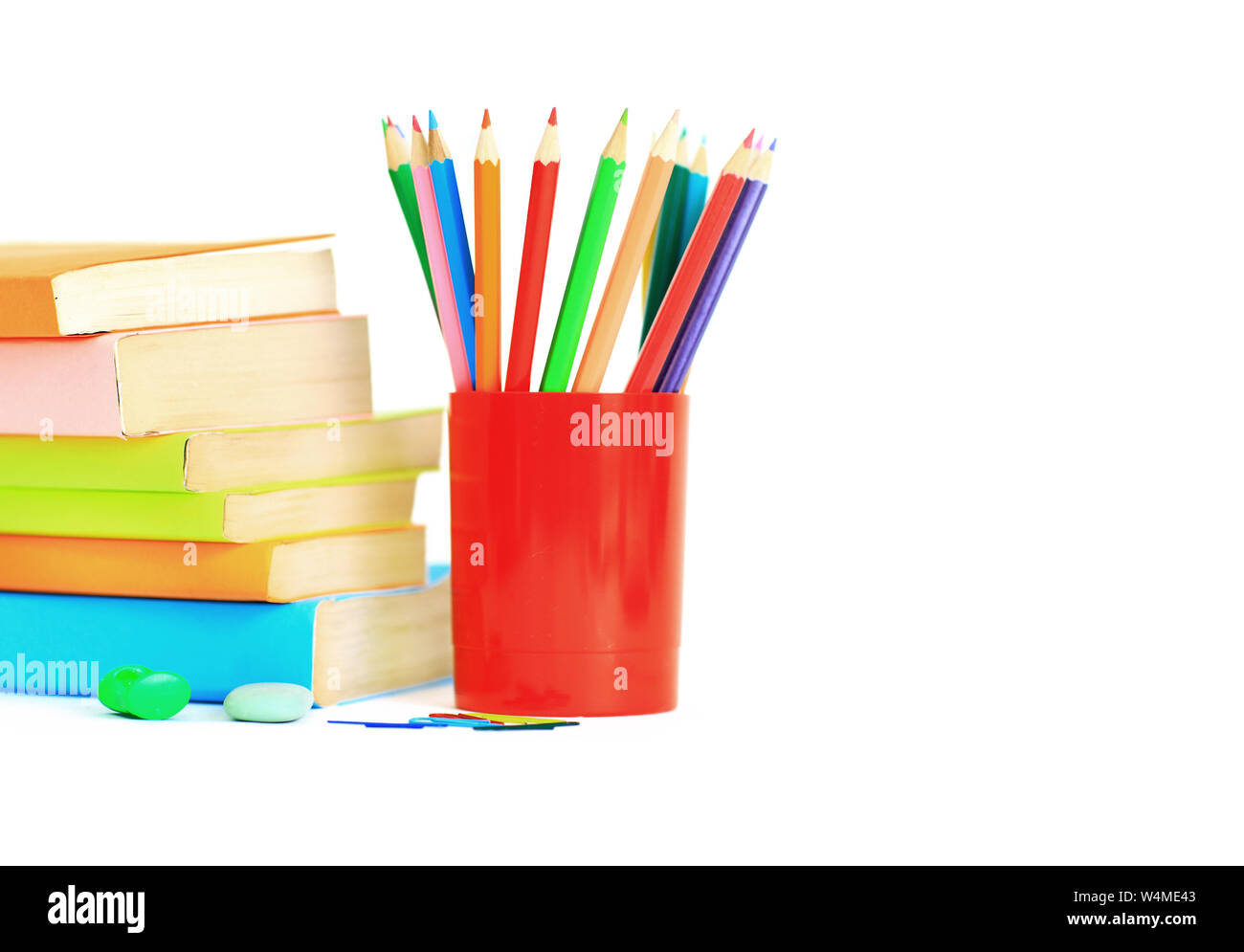 School supplies lie on a table on white background Stock Photo