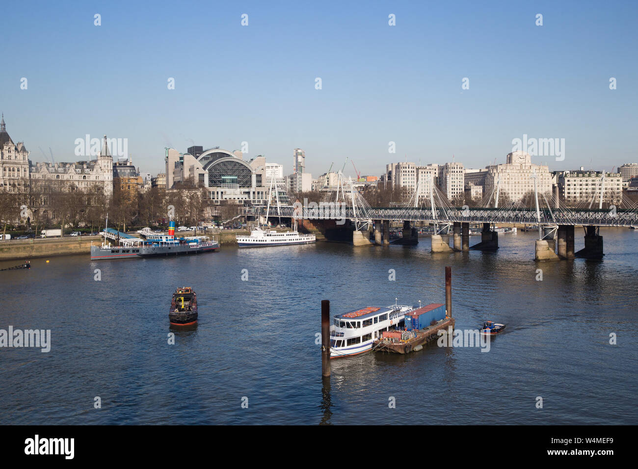 The Northbank, Charing Cross Station, Savoy Hotel and Somerset House, The Thames Stock Photo
