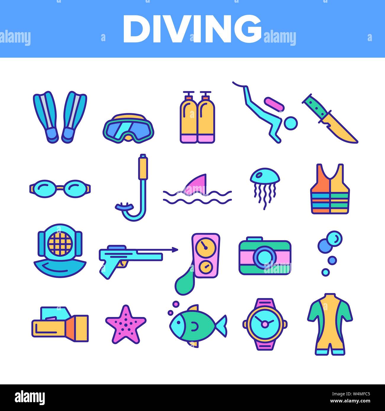 Color Scuba Diving Equipment Vector Linear Icons Set Stock Vector Image ...