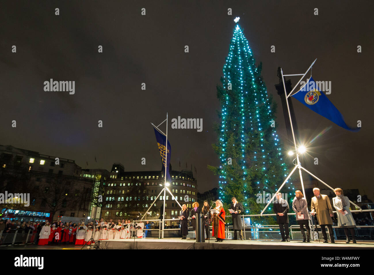 The Trafalgar Square Christmas tree is a Christmas tree donated to the people of Britain by the city of Oslo, Norway each year since 1947 Stock Photo