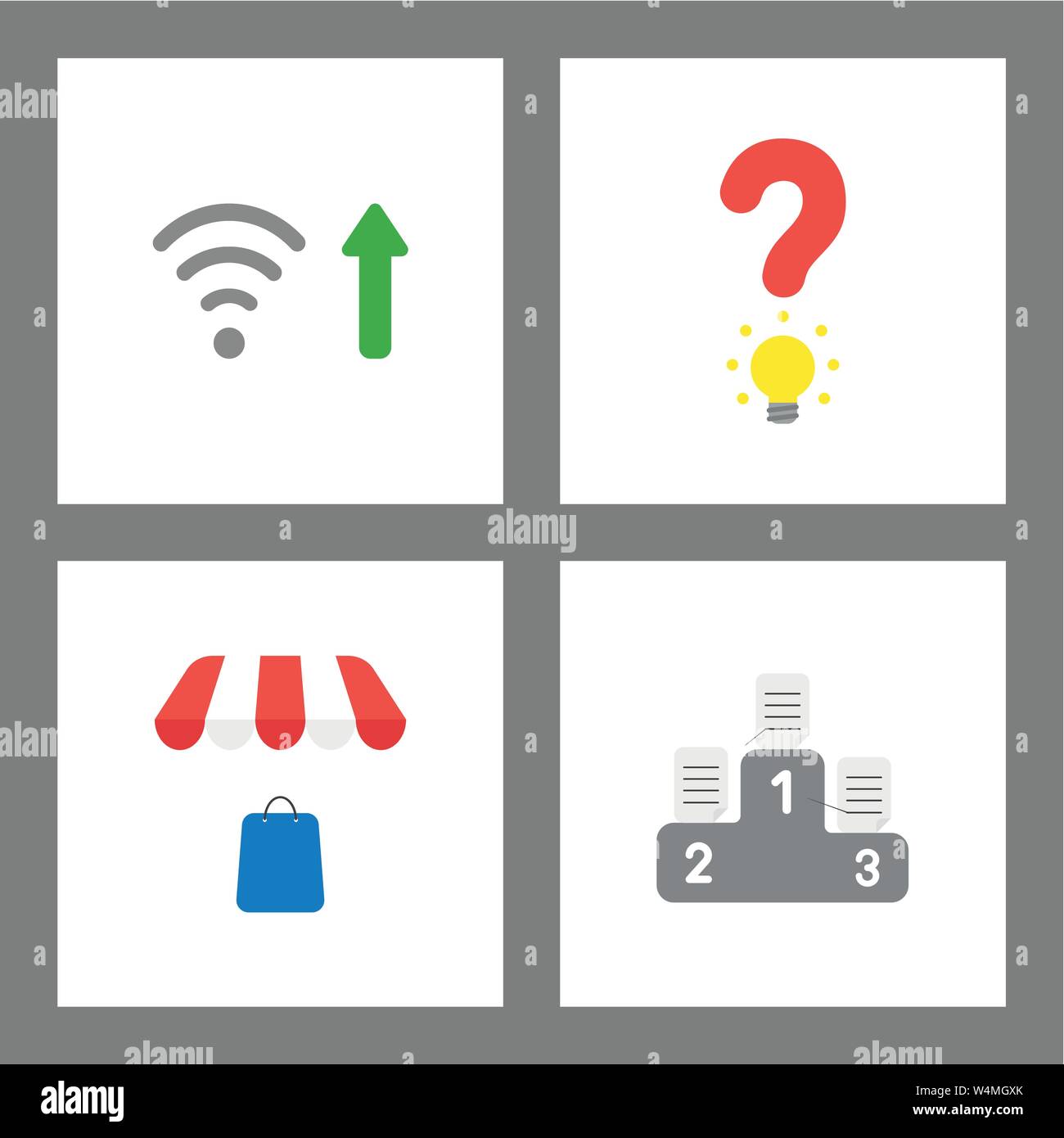Vector icon concept set. Wifi signal up, question mark light bulb