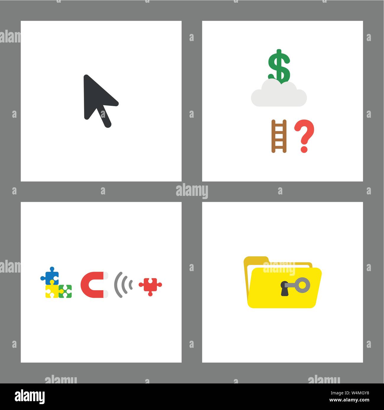 Vector icon concept set. Mouse cursor, reach dollar on cloud, magnet attracting missing puzzle and unlocking folder. Stock Vector