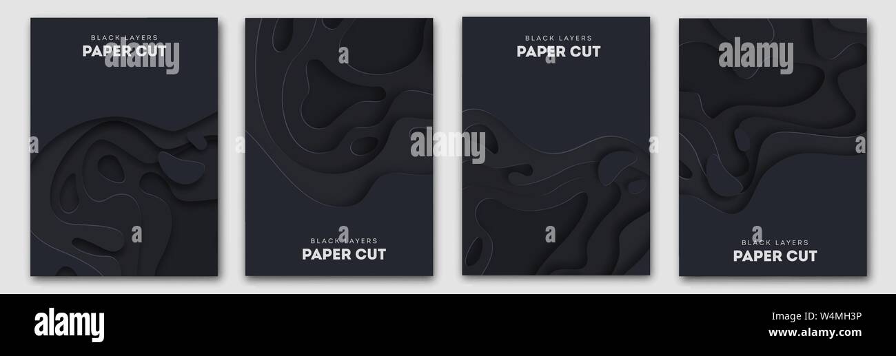 Paper Cut Wave Shapes. Layered black curve Origami design for business presentations, flyers, posters. Set of 4 vertical banners. 3D abstract map Stock Vector
