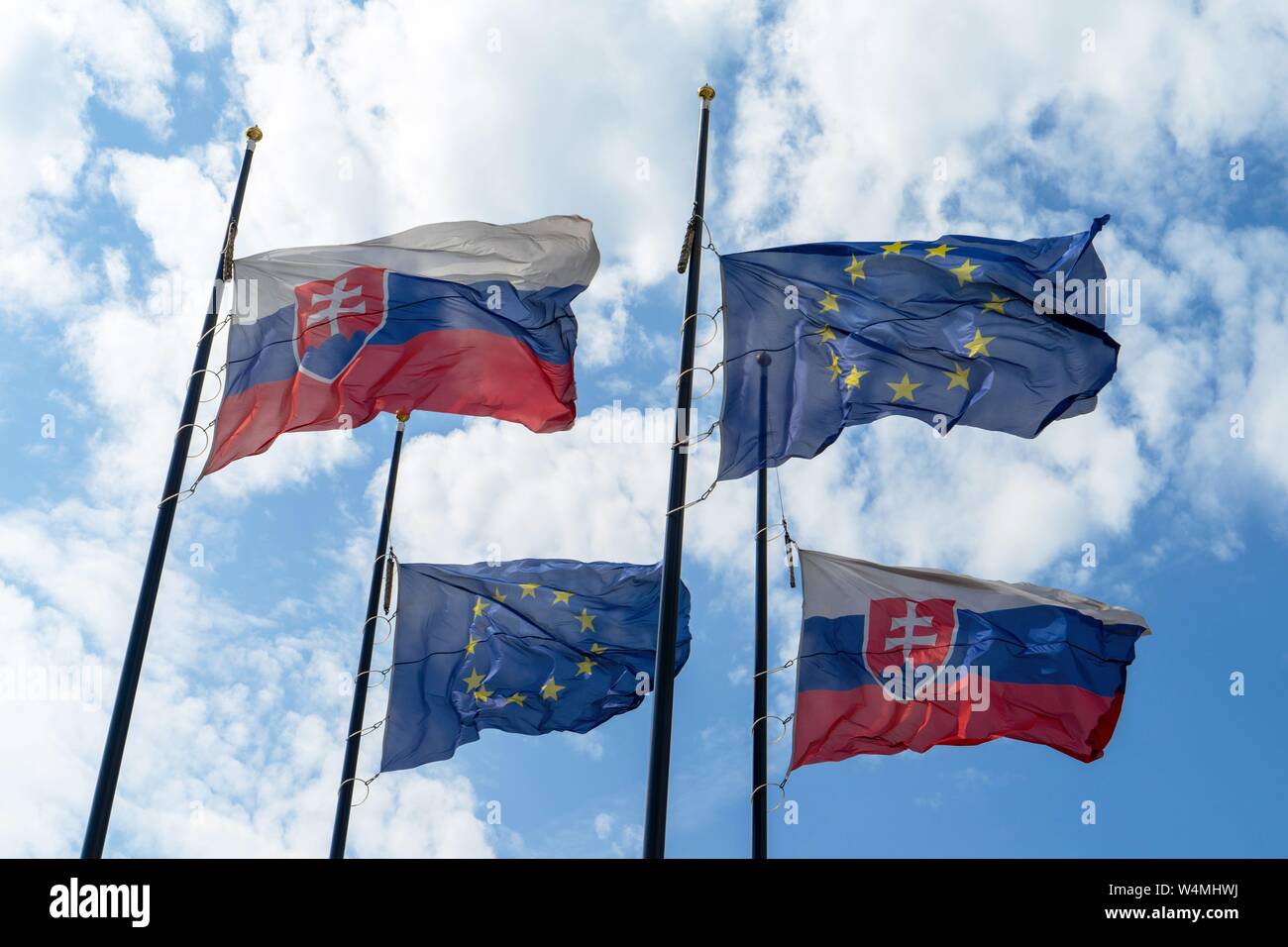 Slovakia: Slovakia and European flags in front of the National Council in Bratislava.Photo from June 12th, 2019. | usage worldwide Stock Photo