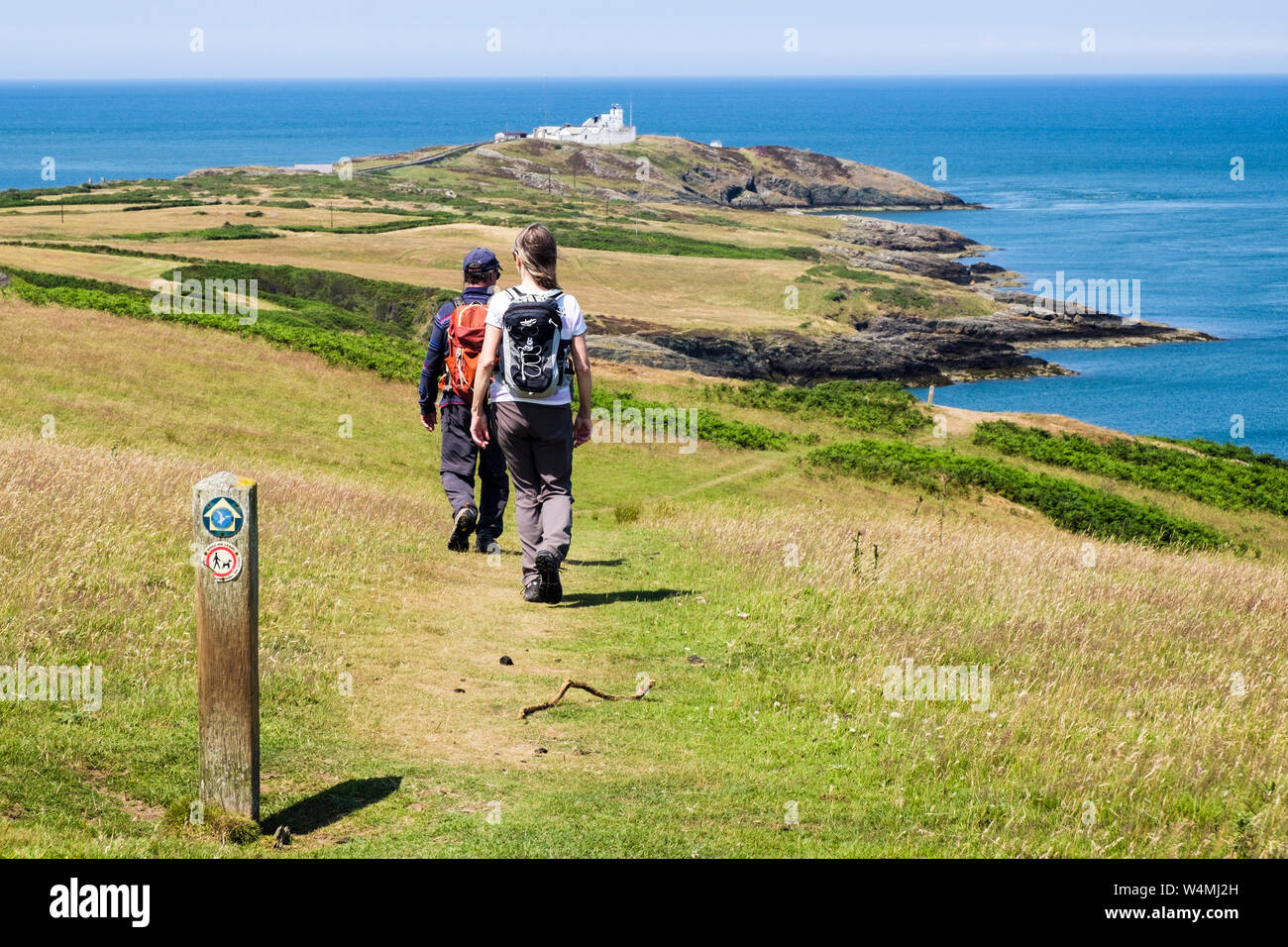 Two hikers hiking on the Anglesey Coastal Path to Point Lynas on the coast in summer. Llaneilian, Isle of Anglesey, north Wales, UK, Britain Stock Photo