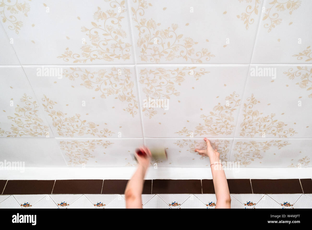 Installation Of Styrofoam Ceiling Tiles With Roller At Home Kitchen Stock Photo Alamy