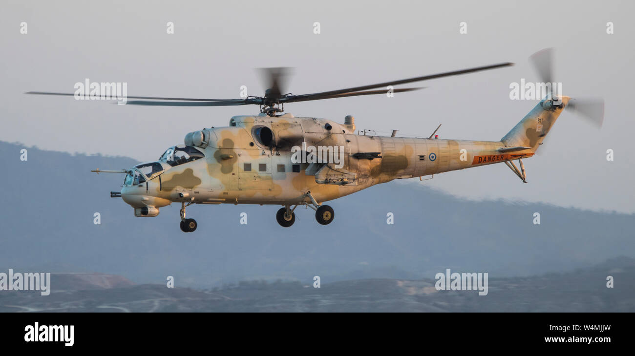 Russian made Mi-35 flying over Cyprus Stock Photo