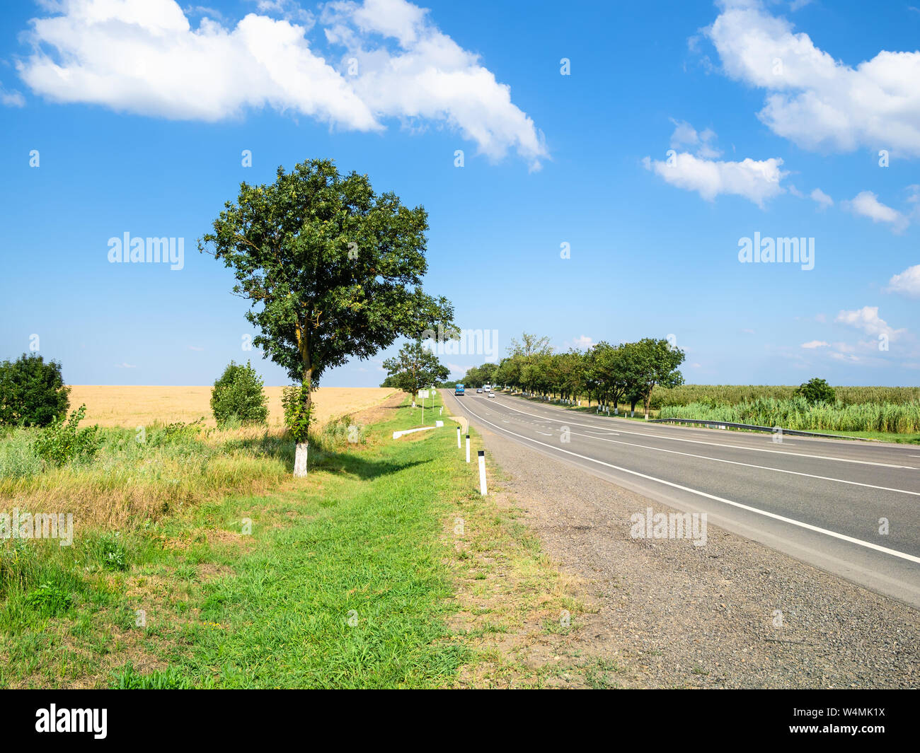 rural landscape - road along wheat field in summer (A146 Federal Highway Krasnodar - Novorossiysk in Abinsky District in Kuban region of Krasnodar Kra Stock Photo