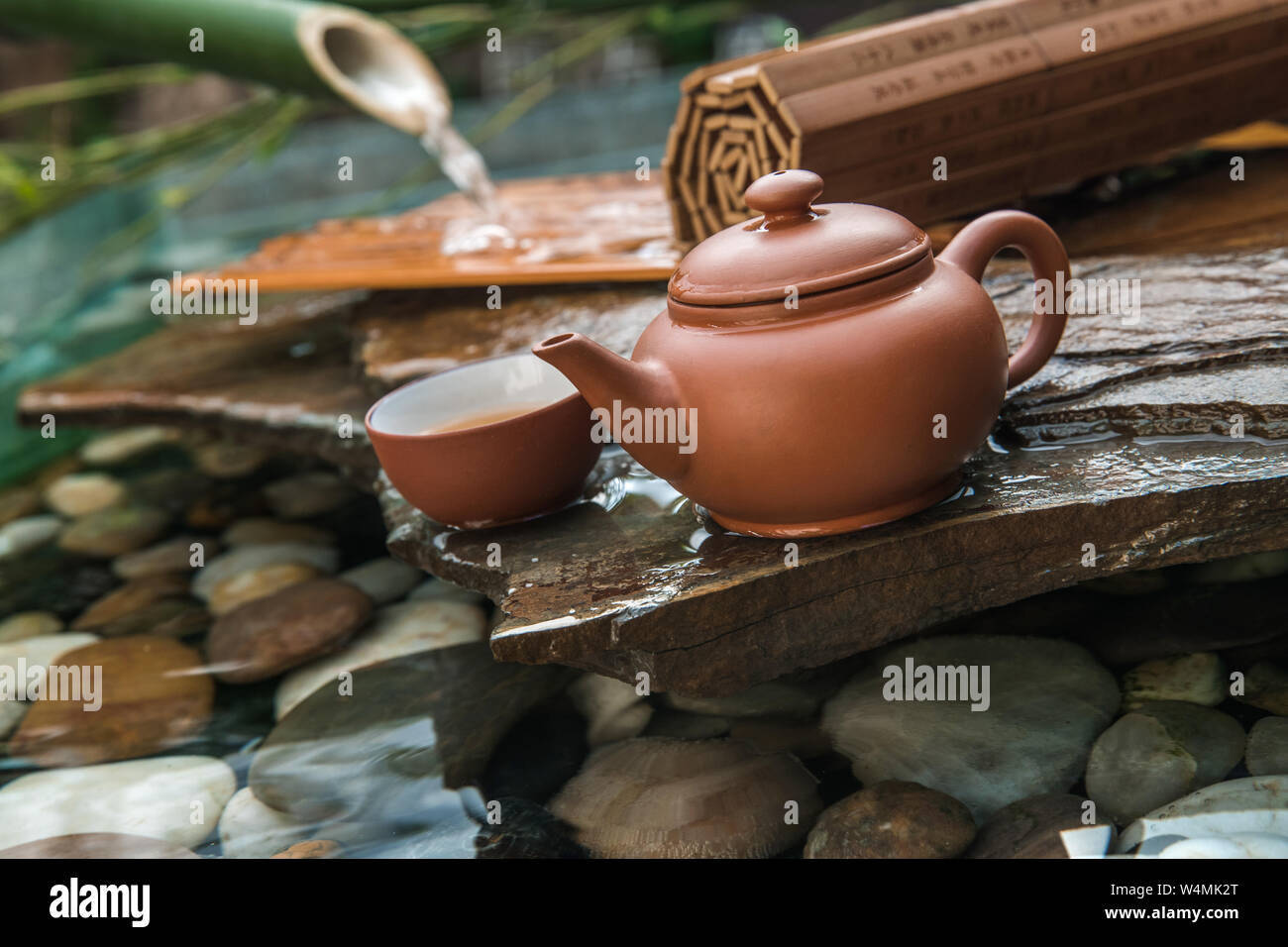 The teapot and bamboo slips Stock Photo