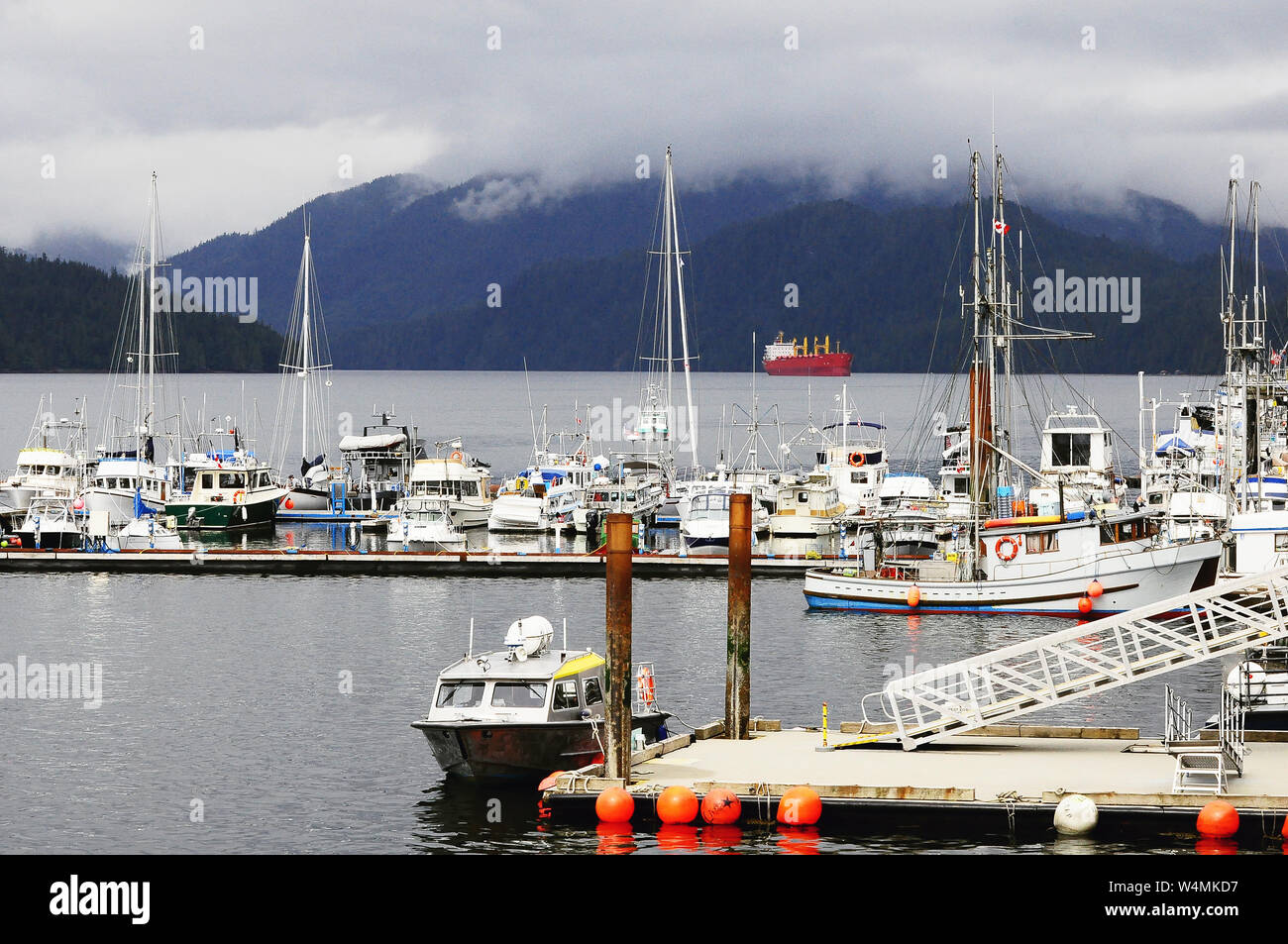 Evening view of the Cow bay at cloudy weather time. Prince Rupert