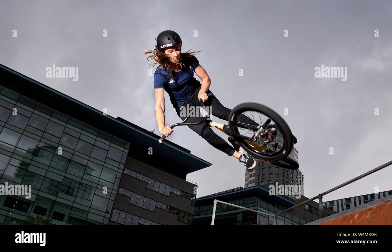 Charlotte Worthington, BMX freestyle during the one year to go until Tokyo 2020 event at Media City Piazza, Salford Quays Photo - Alamy