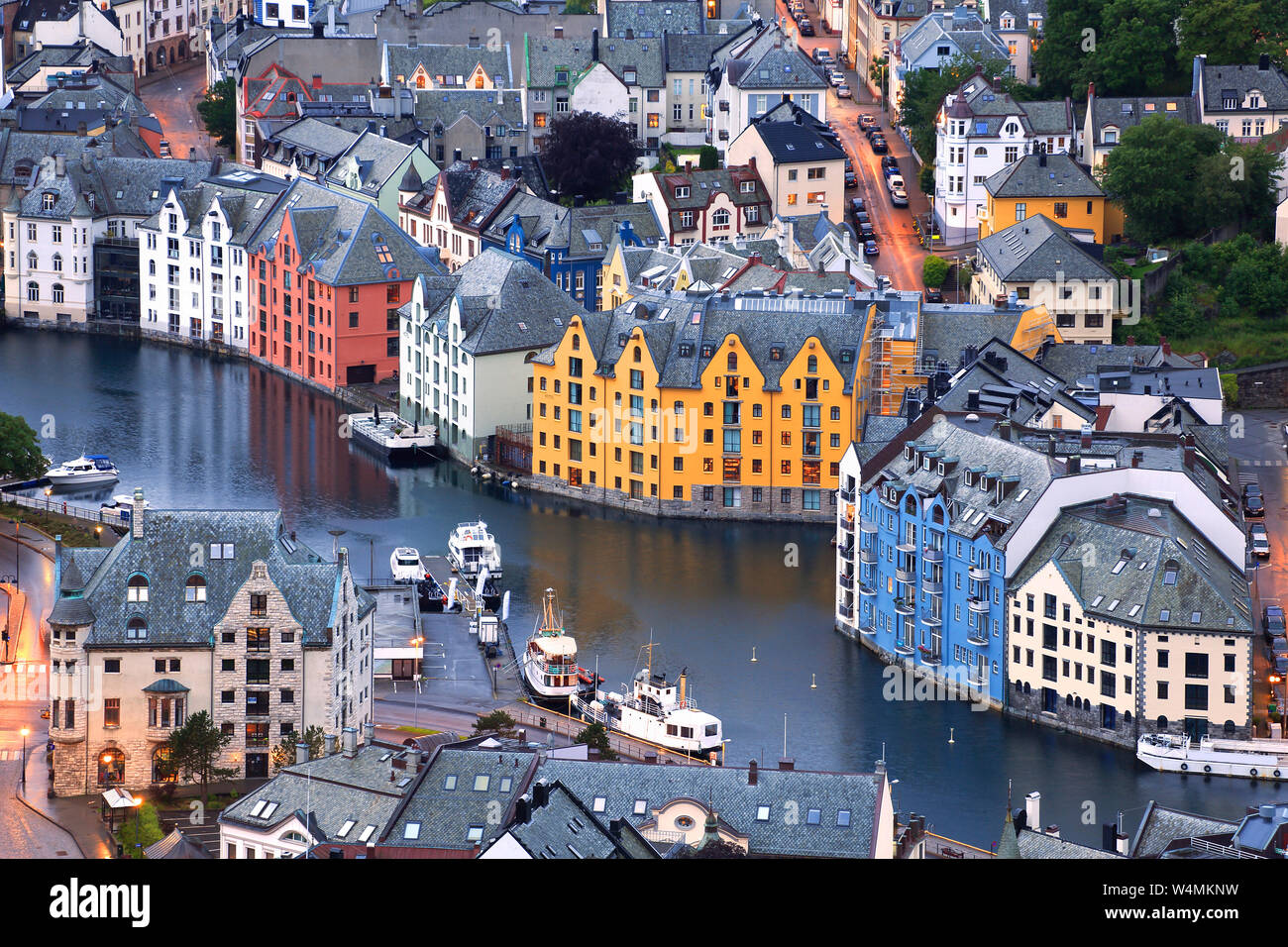 Alesund aerial view of the skyline architecture at dusk, in Norway Stock Photo