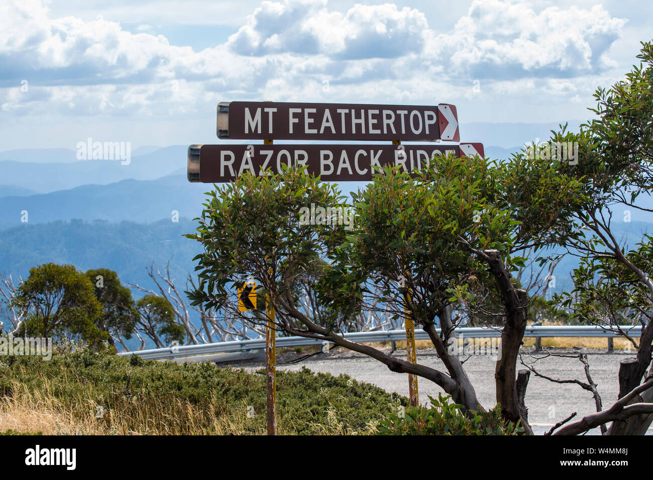Sign for Mt Feathertop and Razor Back Ridge on Great Alpine Road in the high country Victoria Australia Stock Photo