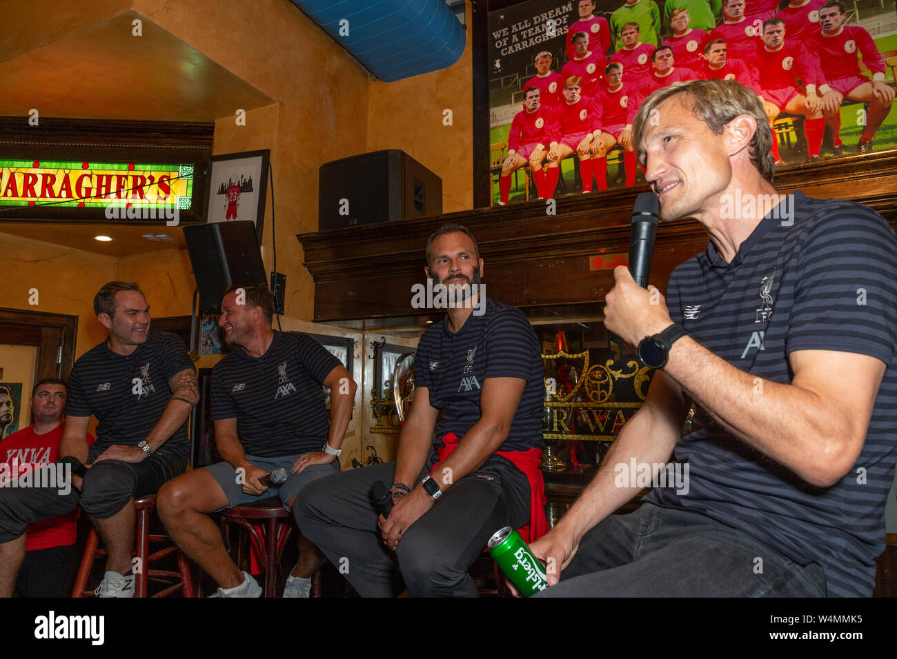 New York, NY - July 23, 2019: Liverpool legends Jason McAteer, Vladi Smicer, Patrik Berger and Sami Hyypia  attend Liverpool FC Fan Event at Carragher’s Bar Stock Photo
