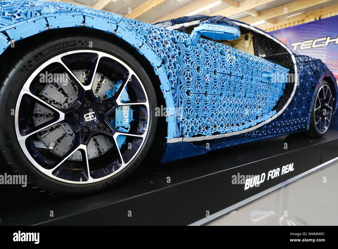 Moscow, Russia. 24th July, 2019. MOSCOW, RUSSIA - JULY 24, 2019: A  life-size drivable copy of the Bugatti Chiron car made of Lego bricks on  display in Moscow's Gorky Park. The copy