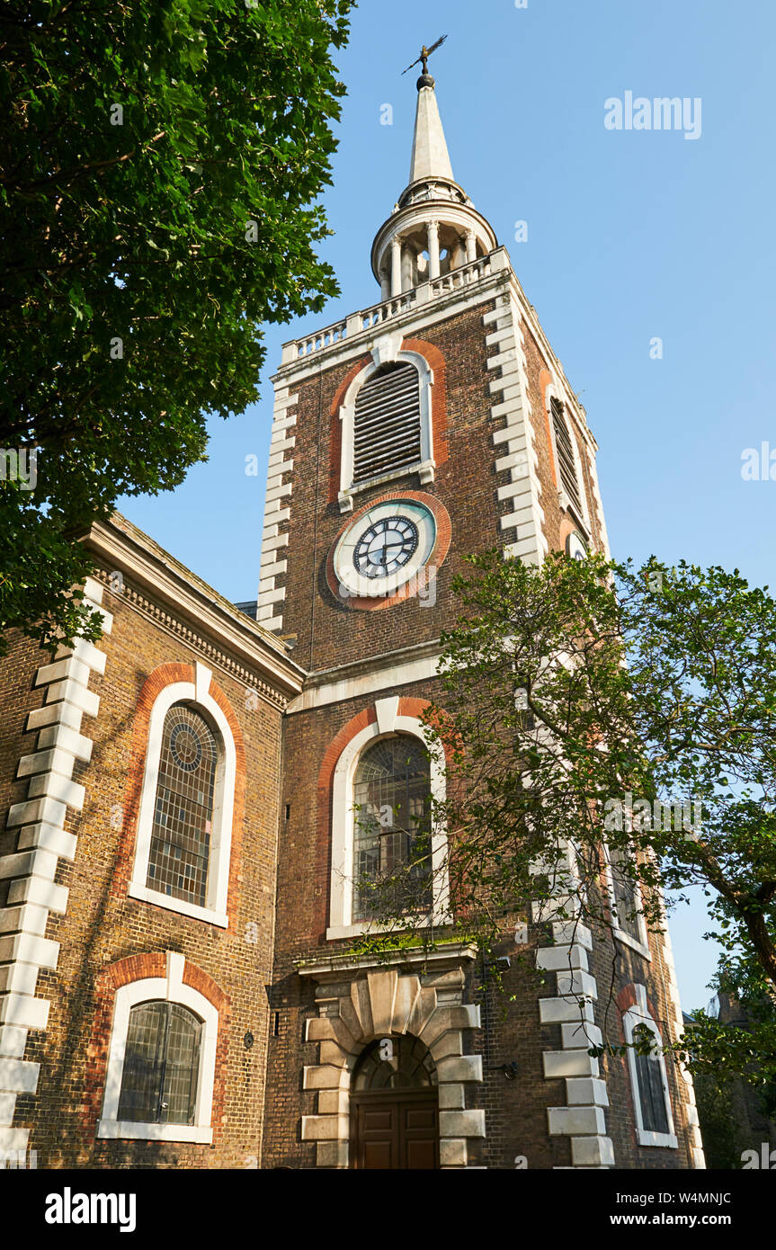 The 18th century tower of St Mary's church, Rotherhithe, in the London Borough of Southwark, London UK Stock Photo
