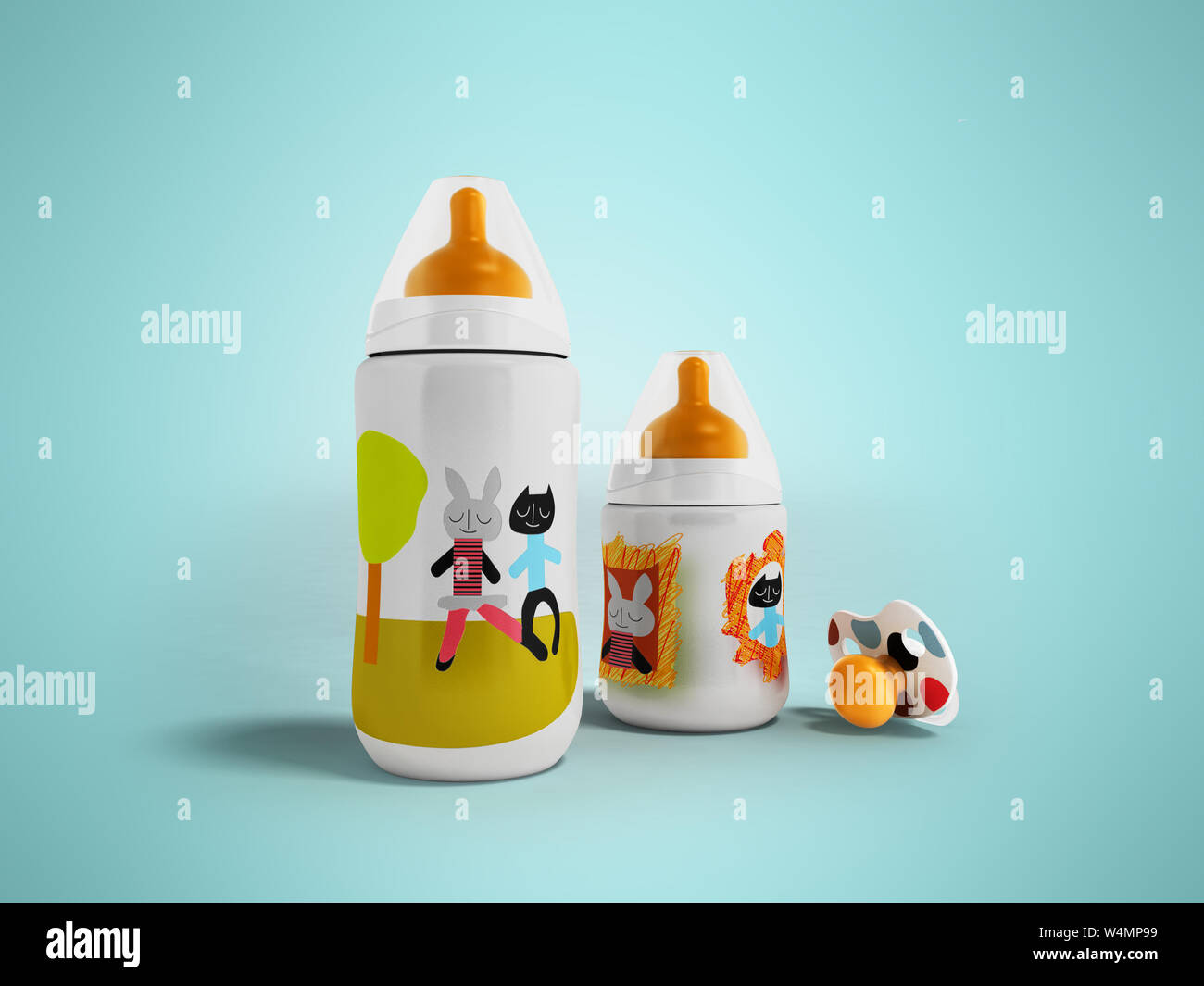 A set of bottles and a pacifier for a child 3d render on a blue fonet ...