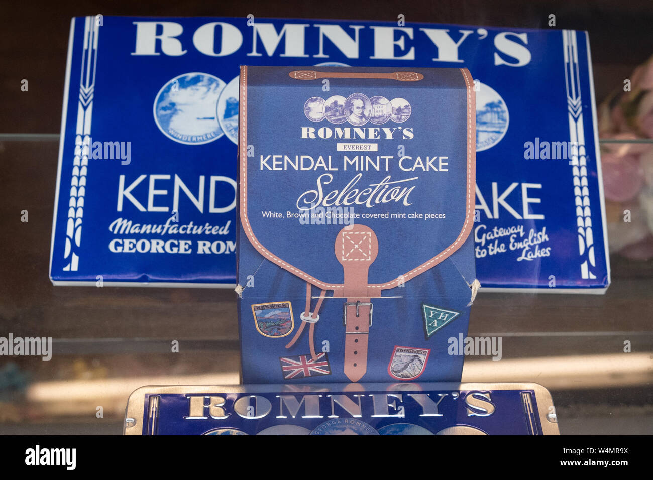 Romneys Kendal Mint Cake display in shop in Ambleside, Lake District, England, UK Stock Photo