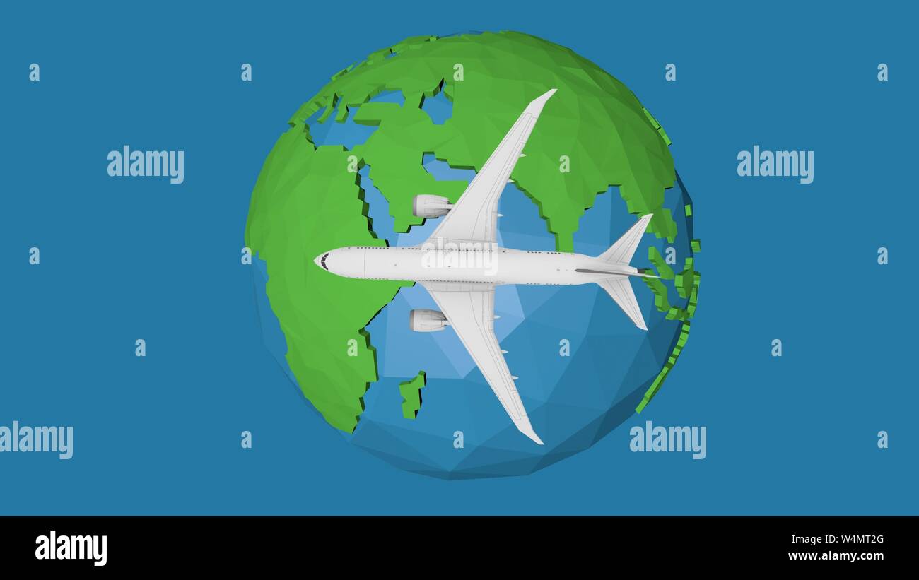 Blue planet earth concept travel by plane. 3d illustration Stock Photo ...