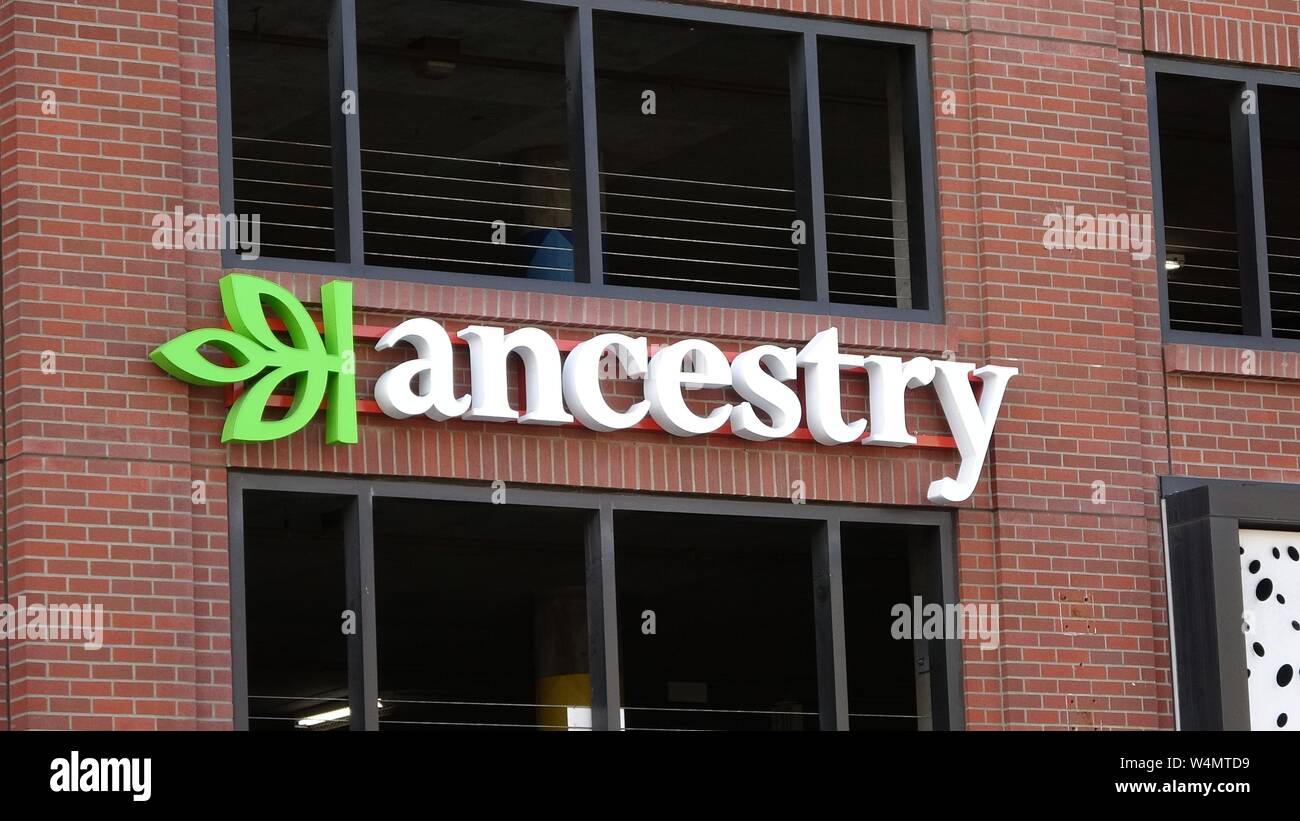 Close-up of logo on facade at office of genealogy and genetic testing company Ancestry in the South of Market (SoMA) neighborhood of San Francisco, California, June 10, 2019. () Stock Photo