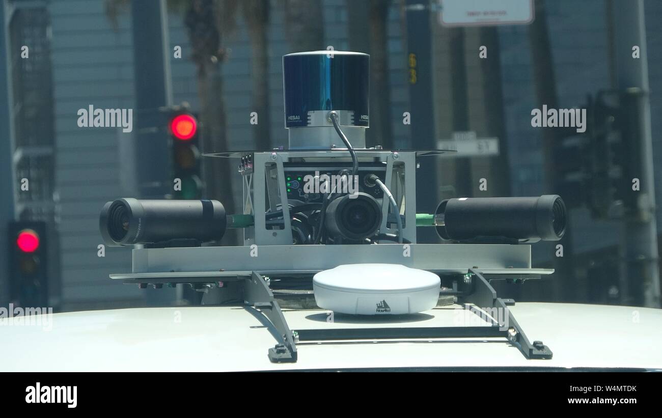 Close-up of Lidar and other sensor hardware mounted on top of an experimental self-driving car in the South of Market (SoMA) neighborhood of San Francisco, California, June 10, 2019. () Stock Photo