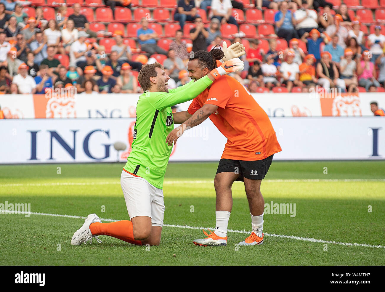 Leverkusen, Deutschland. 21st July, 2019. Dirk NOWITZKI l. with Patrick  OWOMOYELA (former footballer) Champions for Charity, the charity football  game in honor of Michael Schumacher, Team Nowitzki All Stars (Team N) -