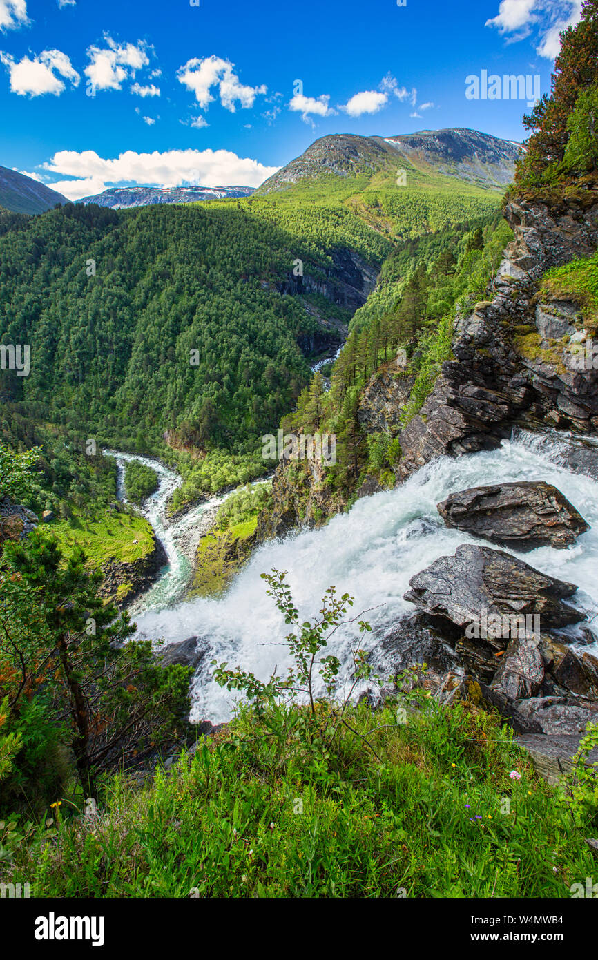 A wild and impressive Norwegian landscape with mountains, rivers, forests in summer - a popular vacation destination - Norway Stock Photo